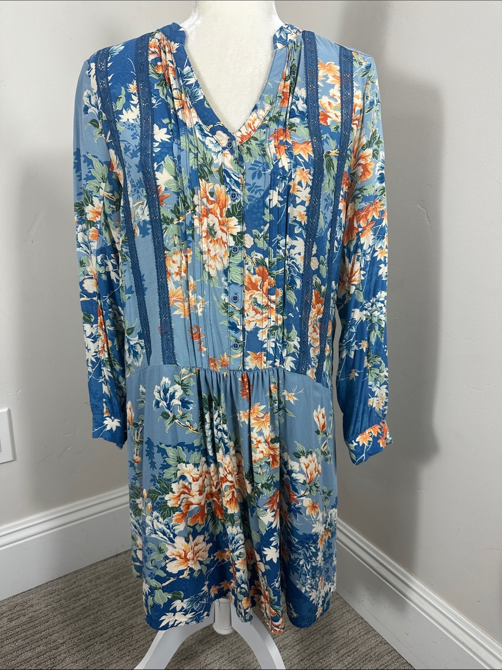 Anthropologie TINY Gaina Blue Floral Tunic Shift Lace Drop Waist Dress Medium P - Picture 2 of 8